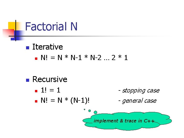 Factorial N n Iterative n n N! = N * N-1 * N-2 …