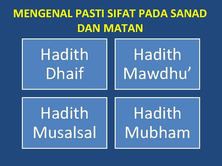 MENGENAL PASTI SIFAT PADA SANAD DAN MATAN Hadith Dhaif Hadith Mawdhu’ Hadith Musalsal Hadith