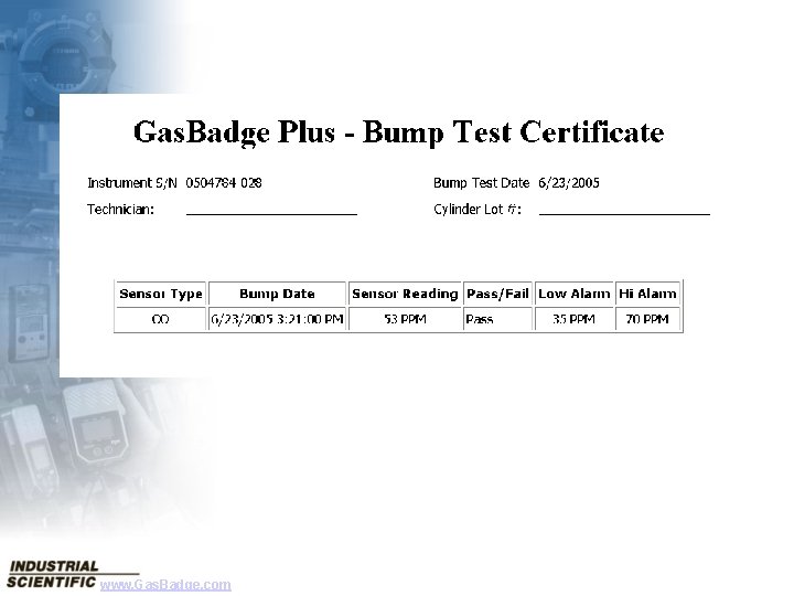 Sample Bump Test Certificate www. Gas. Badge. com 