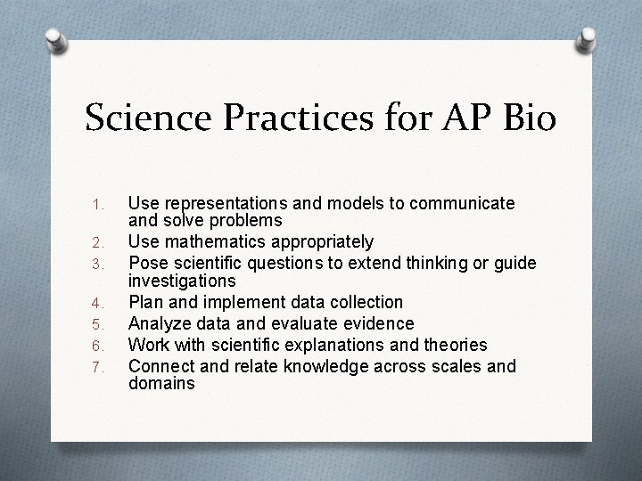 Science Practices for AP Bio 1. 2. 3. 4. 5. 6. 7. Use representations