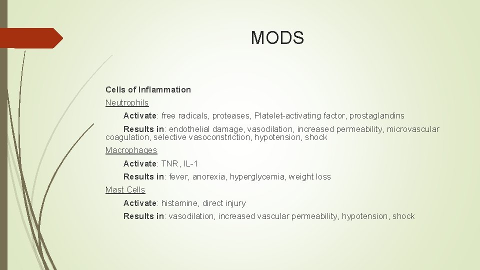 MODS Cells of Inflammation Neutrophils Activate: free radicals, proteases, Platelet-activating factor, prostaglandins Results in:
