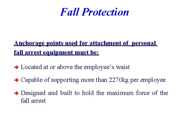 Fall Protection Anchorage points used for attachment of personal fall arrest equipment must be: