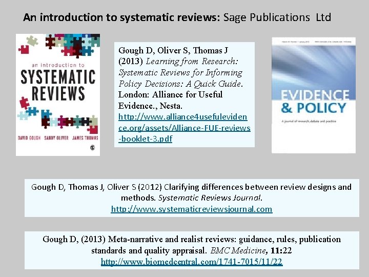 An introduction to systematic reviews: Sage Publications Ltd Gough D, Oliver S, Thomas J