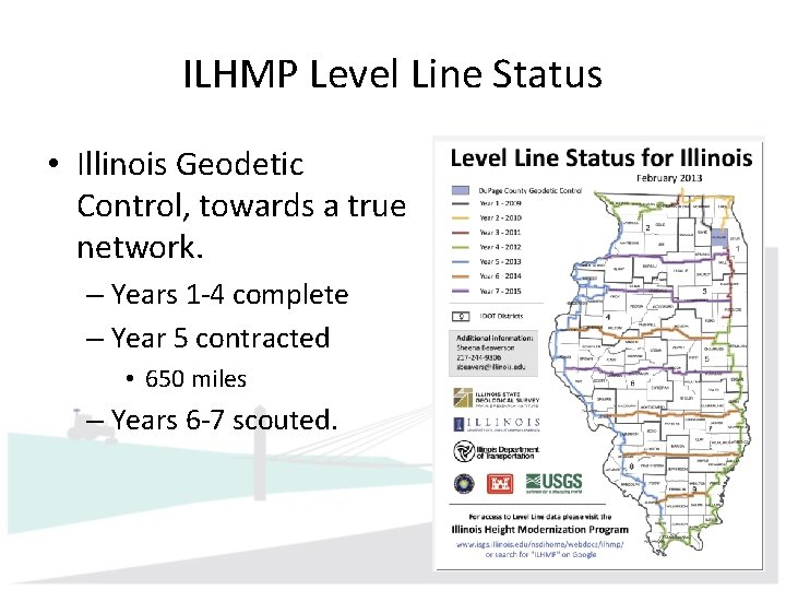 ILHMP Level Line Status • Illinois Geodetic Control, towards a true network. – Years ILHMP Level Line Status • Illinois Geodetic Control, towards a true network. – Years