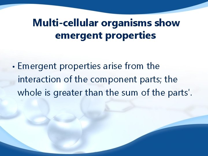 Multi-cellular organisms show emergent properties • Emergent properties arise from the interaction of the