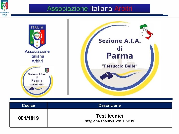 Associazione Italiana Arbitri QUALITY Codice 001/1819 Descrizione Test tecnici Stagione sportiva 2018 / 2019