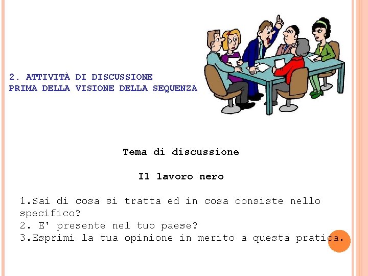 2. ATTIVITÀ DI DISCUSSIONE PRIMA DELLA VISIONE DELLA SEQUENZA Tema di discussione Il lavoro