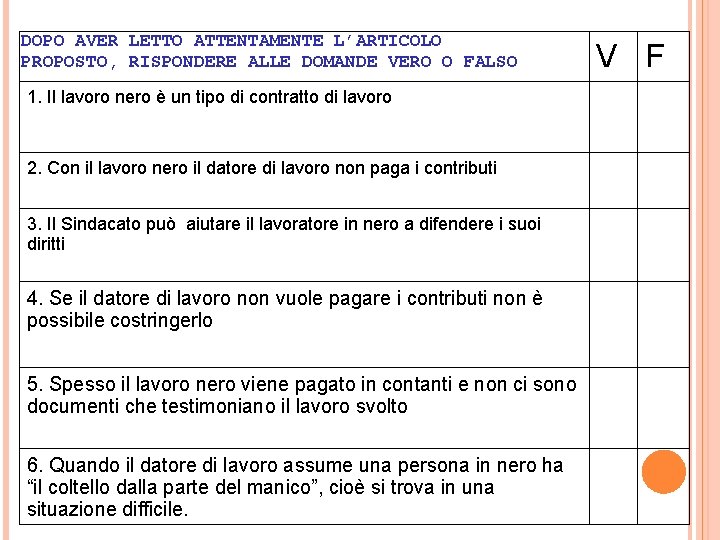 DOPO AVER LETTO ATTENTAMENTE L’ARTICOLO PROPOSTO, RISPONDERE ALLE DOMANDE VERO O FALSO 1. Il