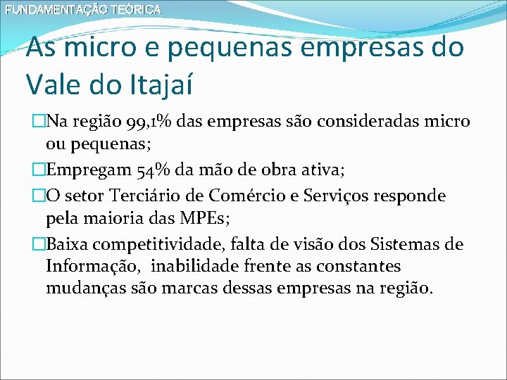 FUNDAMENTAÇÃO TEÓRICA As micro e pequenas empresas do Vale do Itajaí �Na região 99,