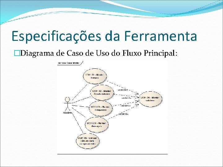 Especificações da Ferramenta �Diagrama de Caso de Uso do Fluxo Principal: 