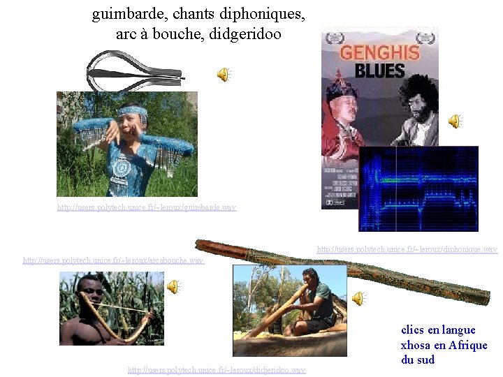 guimbarde, chants diphoniques, arc à bouche, didgeridoo http: //users. polytech. unice. fr/~leroux/guimbarde. wav http: