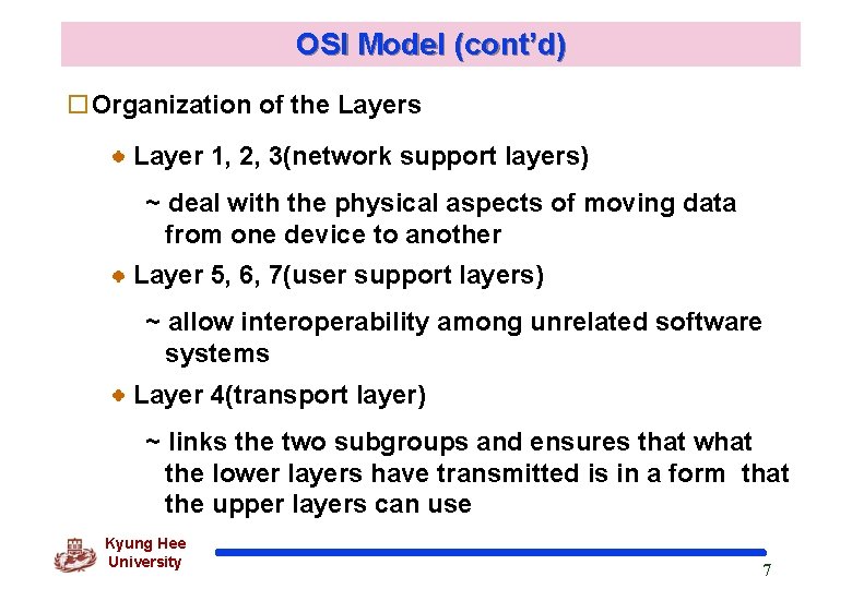 OSI Model (cont’d) o. Organization of the Layers Layer 1, 2, 3(network support layers)