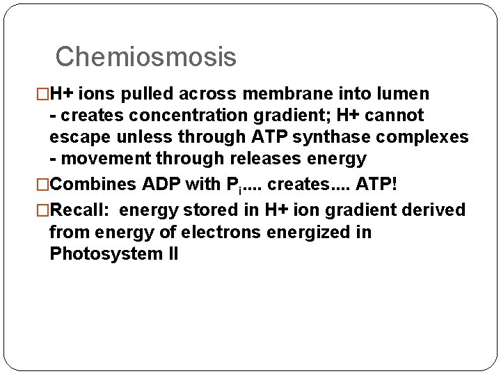 Chemiosmosis �H+ ions pulled across membrane into lumen - creates concentration gradient; H+ cannot