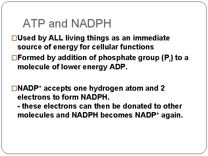 ATP and NADPH �Used by ALL living things as an immediate source of energy