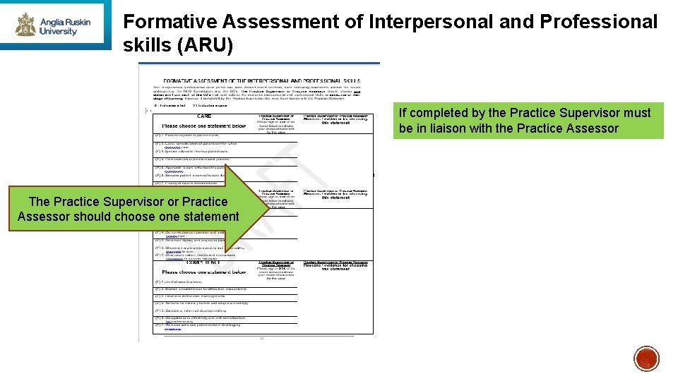 Formative Assessment of Interpersonal and Professional skills (ARU) If completed by the Practice Supervisor