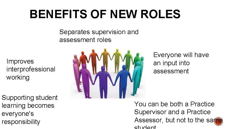 BENEFITS OF NEW ROLES Separates supervision and assessment roles Improves interprofessional working Supporting student