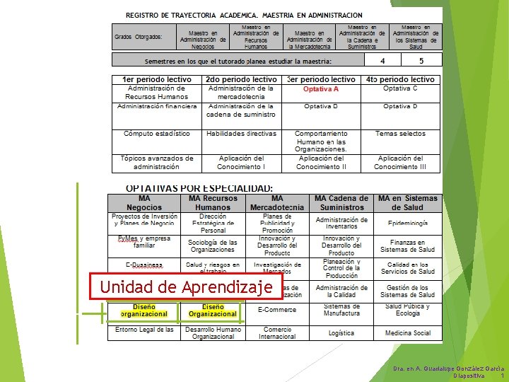 Unidad de Aprendizaje Dra. en A. Guadalupe González García Diapositiva 1 