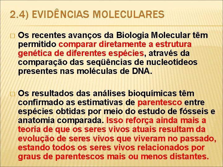 2. 4) EVIDÊNCIAS MOLECULARES � Os recentes avanços da Biologia Molecular têm permitido comparar