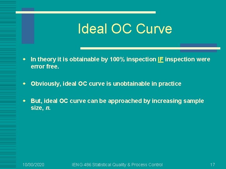 Ideal OC Curve w In theory it is obtainable by 100% inspection IF inspection