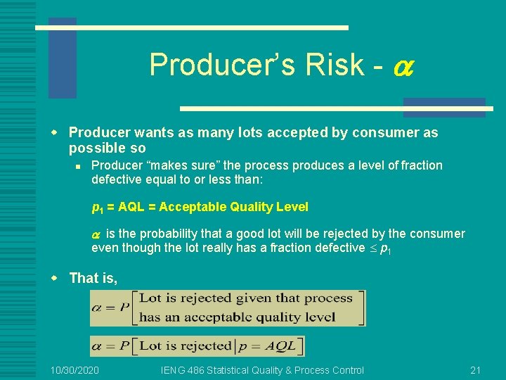 Producer’s Risk - a w Producer wants as many lots accepted by consumer as