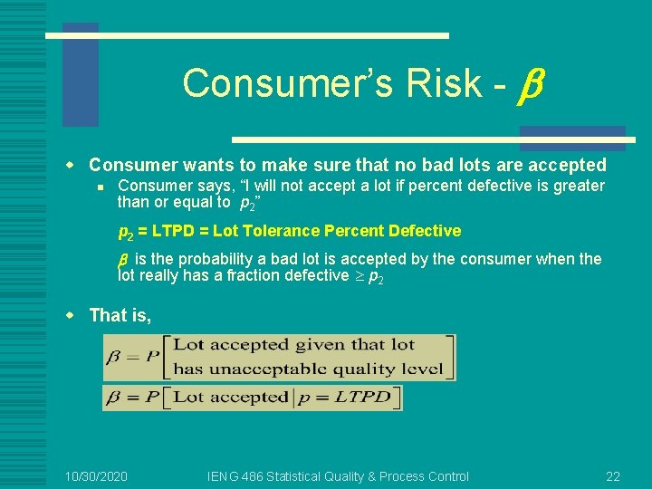 Consumer’s Risk - b w Consumer wants to make sure that no bad lots