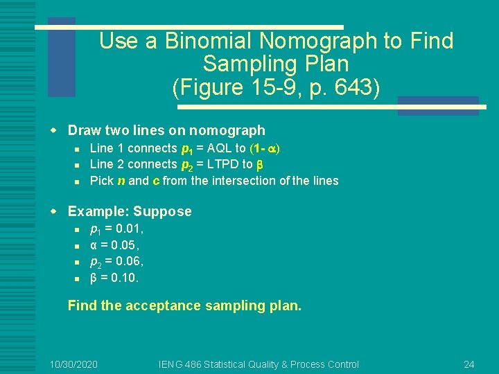 Use a Binomial Nomograph to Find Sampling Plan (Figure 15 -9, p. 643) w