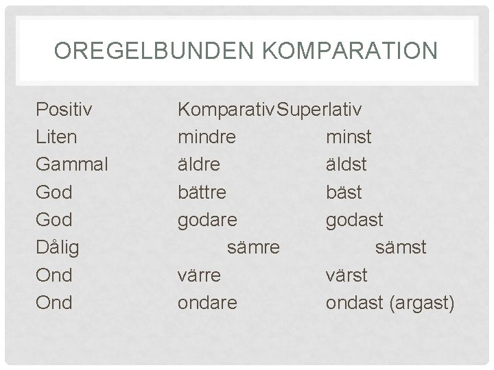 OREGELBUNDEN KOMPARATION Positiv Liten Gammal God Dålig Ond Komparativ. Superlativ mindre minst äldre äldst