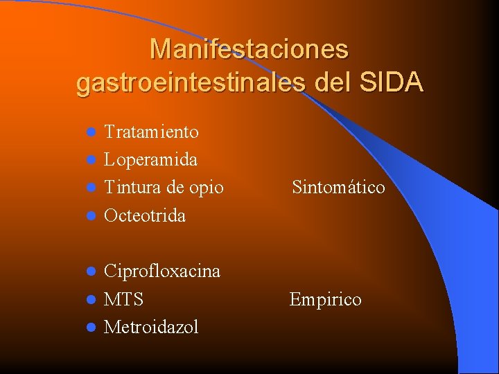 Manifestaciones gastroeintestinales del SIDA Tratamiento l Loperamida l Tintura de opio l Octeotrida l
