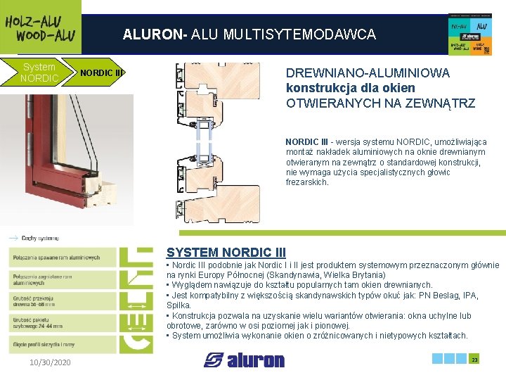ALURON- ALU MULTISYTEMODAWCA System NORDIC DREWNIANO-ALUMINIOWA konstrukcja dla okien OTWIERANYCH NA ZEWNĄTRZ NORDIC III