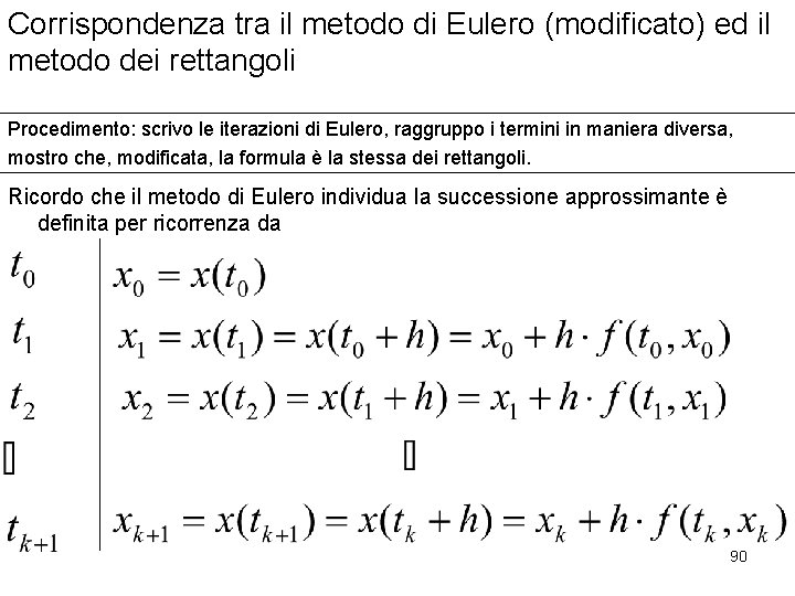 Corrispondenza tra il metodo di Eulero (modificato) ed il metodo dei rettangoli Procedimento: scrivo