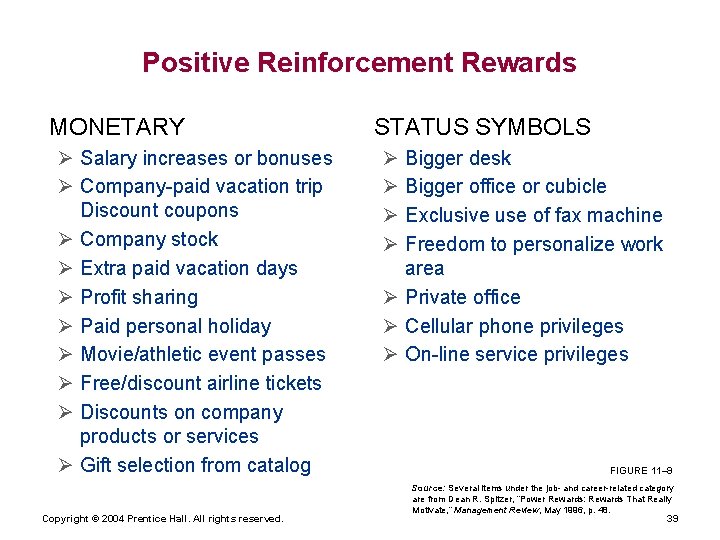 Positive Reinforcement Rewards MONETARY Salary increases or bonuses Company-paid vacation trip Discount coupons Company