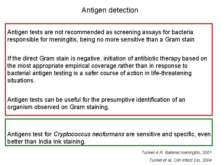 Antigen detection Antigen tests are not recommended as screening assays for bacteria responsible for