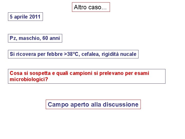 Altro caso… 5 aprile 2011 Pz, maschio, 60 anni Si ricovera per febbre >38°C,