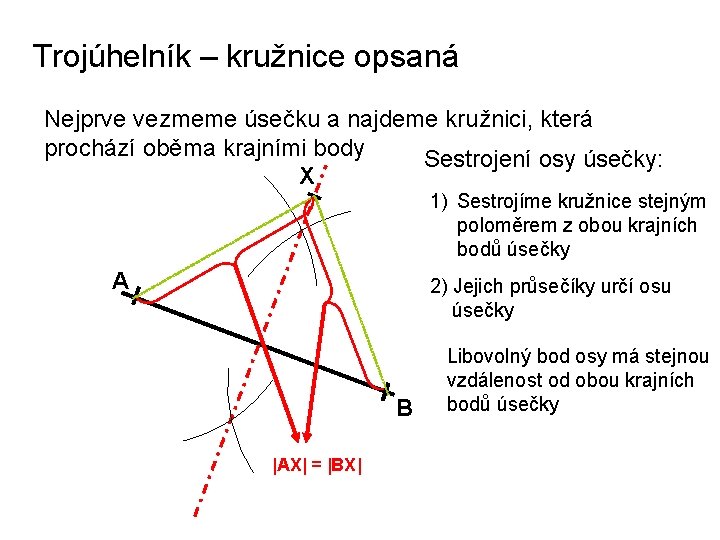 Trojúhelník – kružnice opsaná Nejprve vezmeme úsečku a najdeme kružnici, která prochází oběma krajními