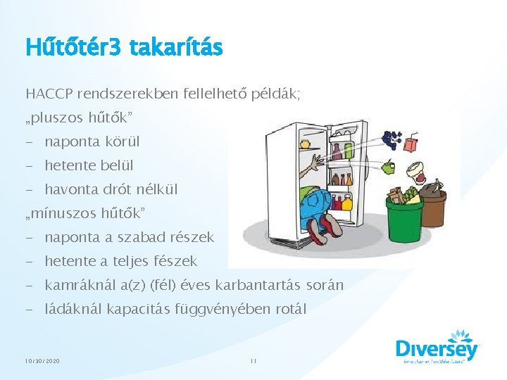 Hűtőtér 3 takarítás HACCP rendszerekben fellelhető példák; „pluszos hűtők” - naponta körül - hetente