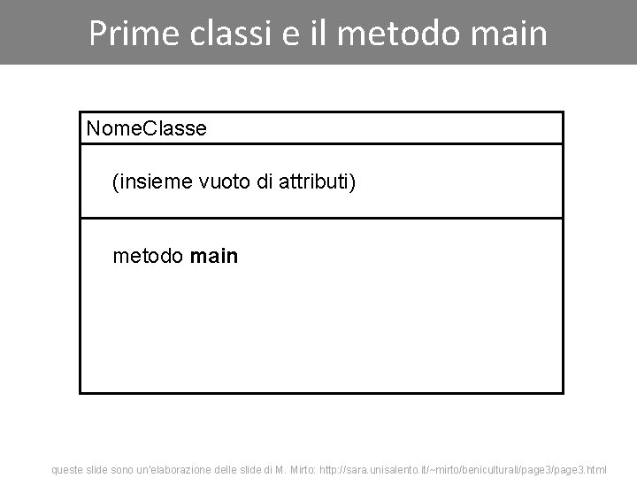 Prime classi e il metodo main Nome. Classe (insieme vuoto di attributi) metodo main