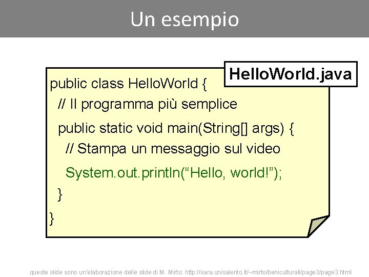 Un esempio Hello. World. java public class Hello. World { // Il programma più