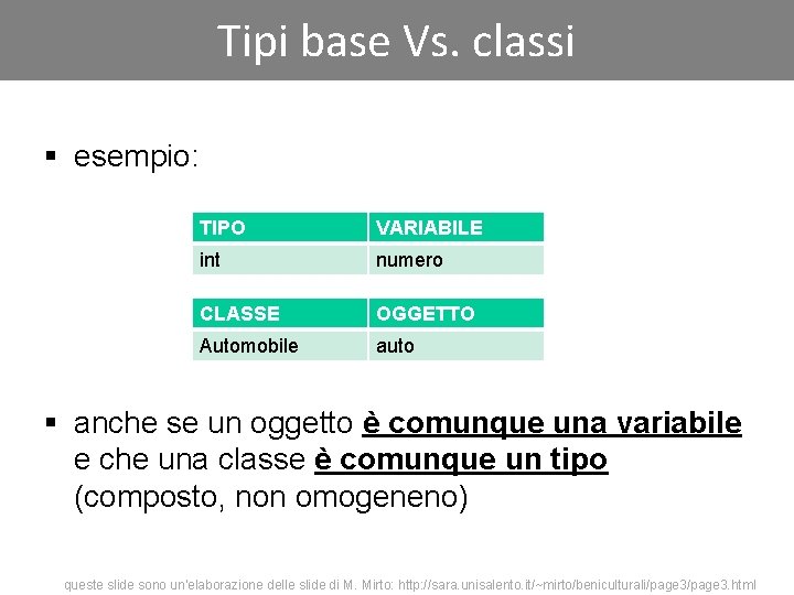 Tipi base Vs. classi § esempio: TIPO VARIABILE int numero CLASSE OGGETTO Automobile auto