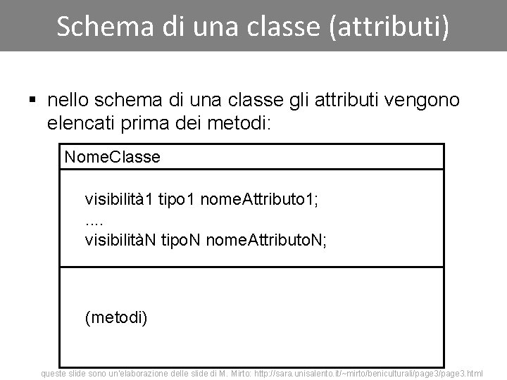 Schema di una classe (attributi) § nello schema di una classe gli attributi vengono