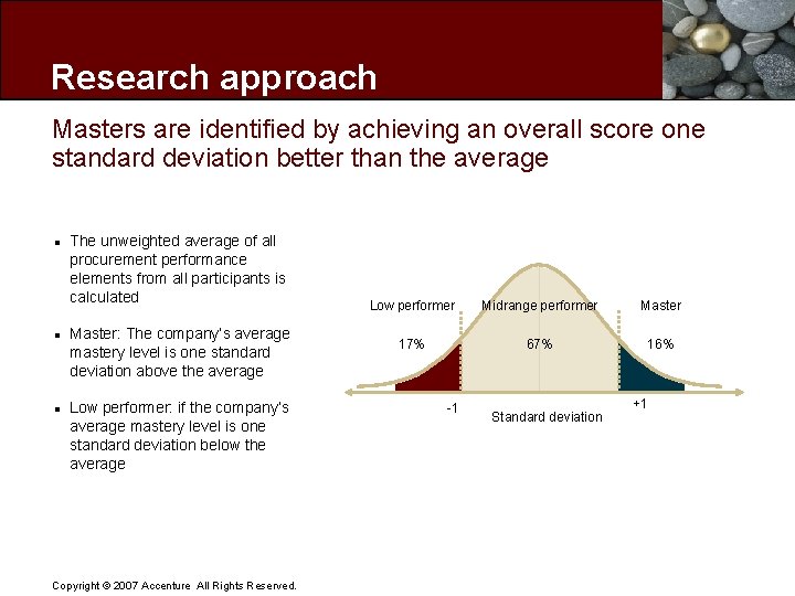 Research approach Masters are identified by achieving an overall score one standard deviation better