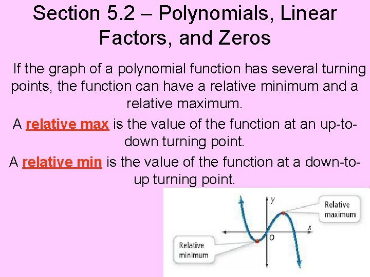 Section 5. 2 – Polynomials, Linear Factors, and Zeros If the graph of a