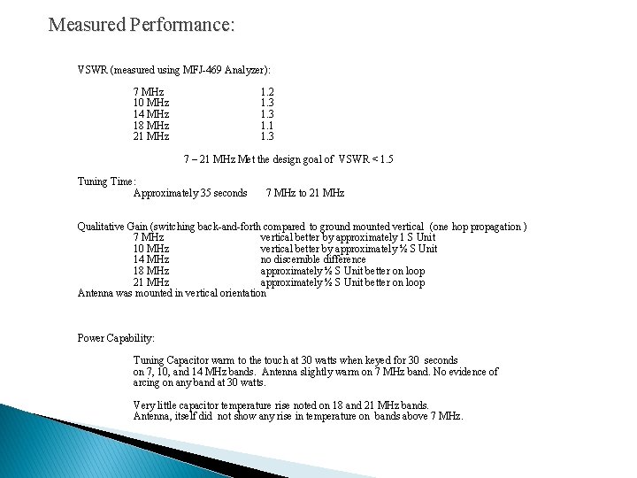 Measured Performance: VSWR (measured using MFJ-469 Analyzer): 7 MHz 10 MHz 14 MHz 18