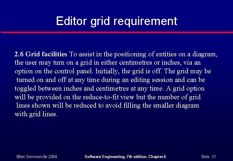 Editor grid requirement 2. 6 Grid facilities To assist in the positioning of entities
