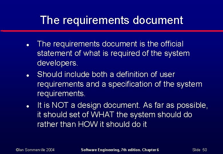 The requirements document l l l The requirements document is the official statement of