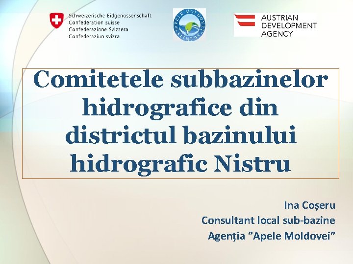 Comitetele subbazinelor hidrografice din districtul bazinului hidrografic Nistru Ina Coșeru Consultant local sub-bazine Agenția