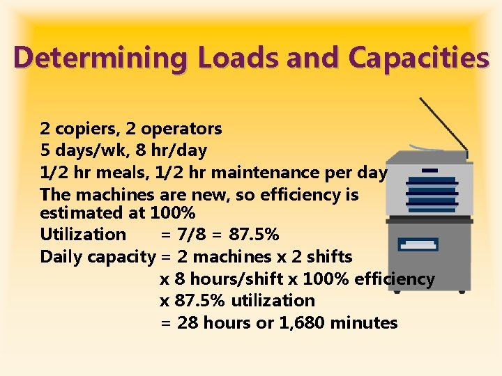 Determining Loads and Capacities 2 copiers, 2 operators 5 days/wk, 8 hr/day 1/2 hr