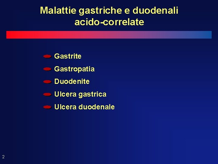 Malattie gastriche e duodenali acido-correlate Gastrite Gastropatia Duodenite Ulcera gastrica Ulcera duodenale 2 Malattie gastriche e duodenali acido-correlate Gastrite Gastropatia Duodenite Ulcera gastrica Ulcera duodenale 2
