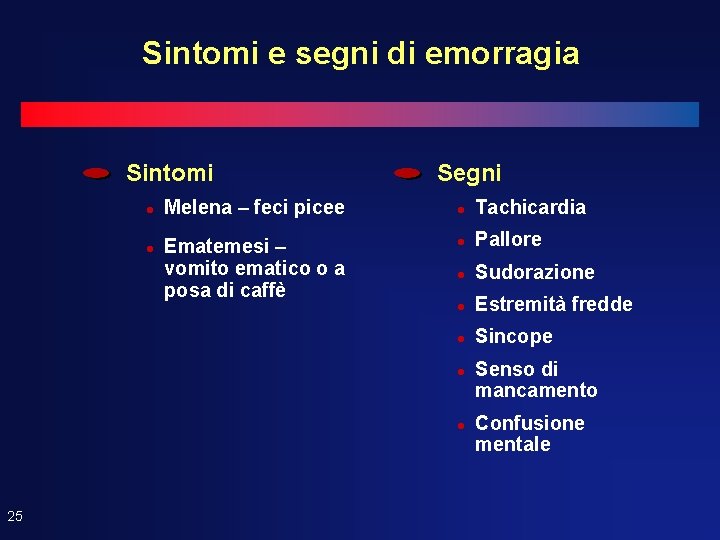 Sintomi e segni di emorragia Sintomi l l Melena – feci picee Ematemesi – Sintomi e segni di emorragia Sintomi l l Melena – feci picee Ematemesi –