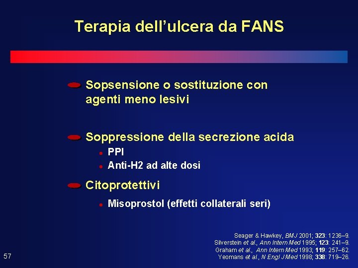 Terapia dell’ulcera da FANS Sopsensione o sostituzione con agenti meno lesivi Soppressione della secrezione Terapia dell’ulcera da FANS Sopsensione o sostituzione con agenti meno lesivi Soppressione della secrezione