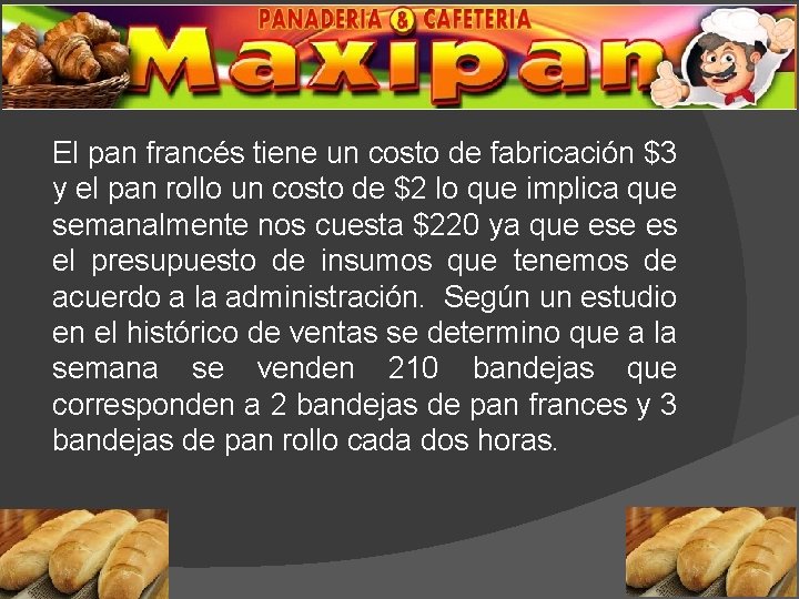 El pan francés tiene un costo de fabricación $3 y el pan rollo un